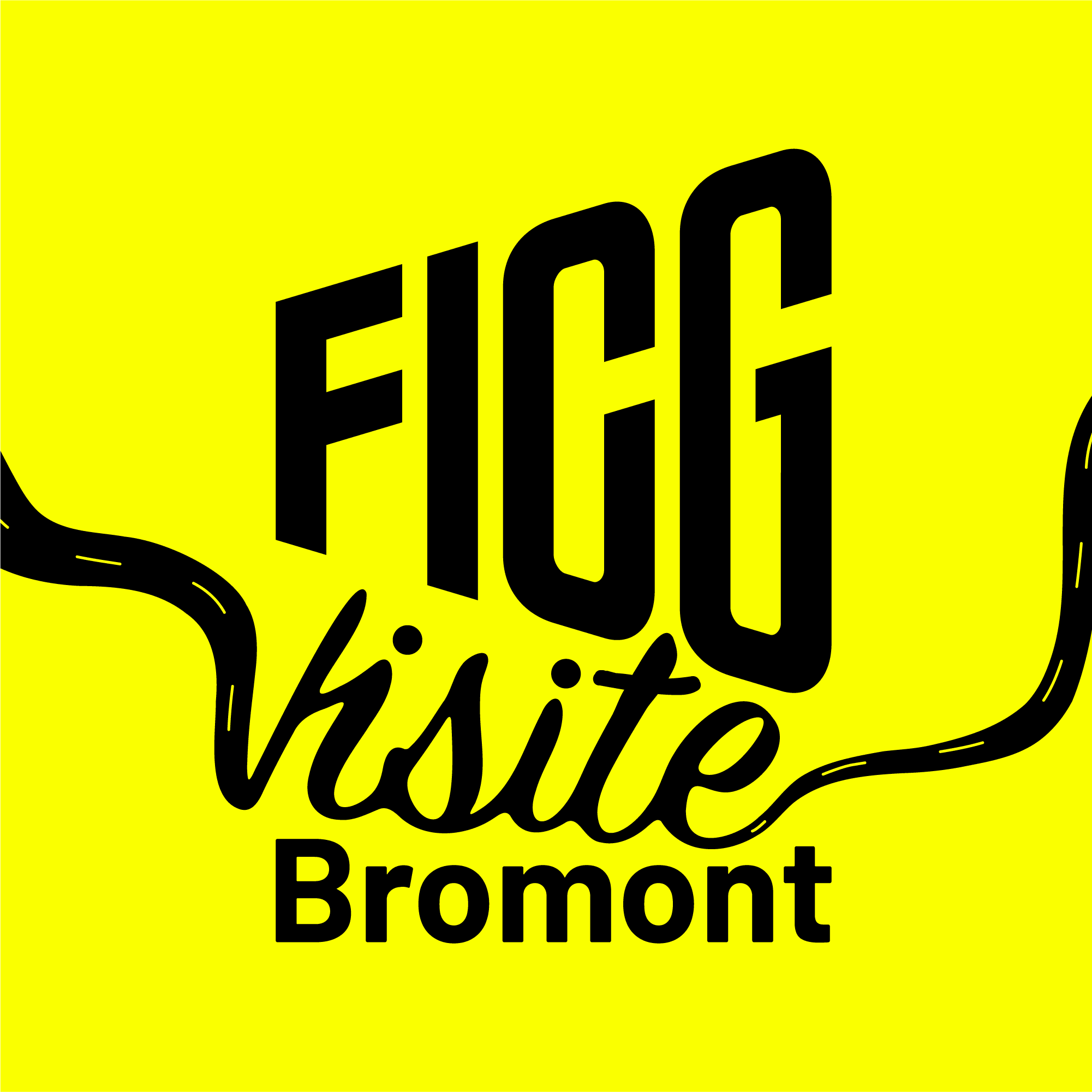 Une image jaune vif avec le texte « FICG Visite Bromont » en lettres noires grasses. Le mot « visite » est stylisé par une ligne ondulée s’étendant de chaque côté.